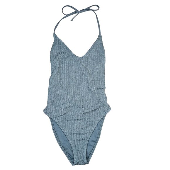 Hollister XXS Blue One Piece Swimsuit Ribbed Textured Cheeky High Cut Halter - Picture 1 of 4